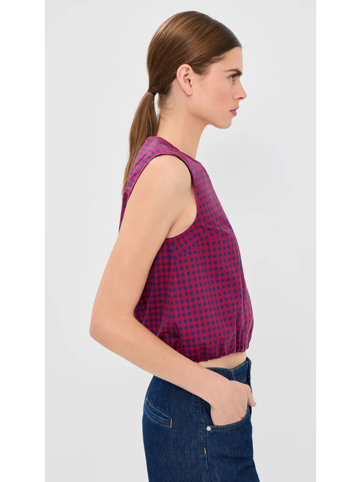 SIMKHAI ノースリーブ ボタンダウントップ Scarlet Midnight Gingham - 画像4