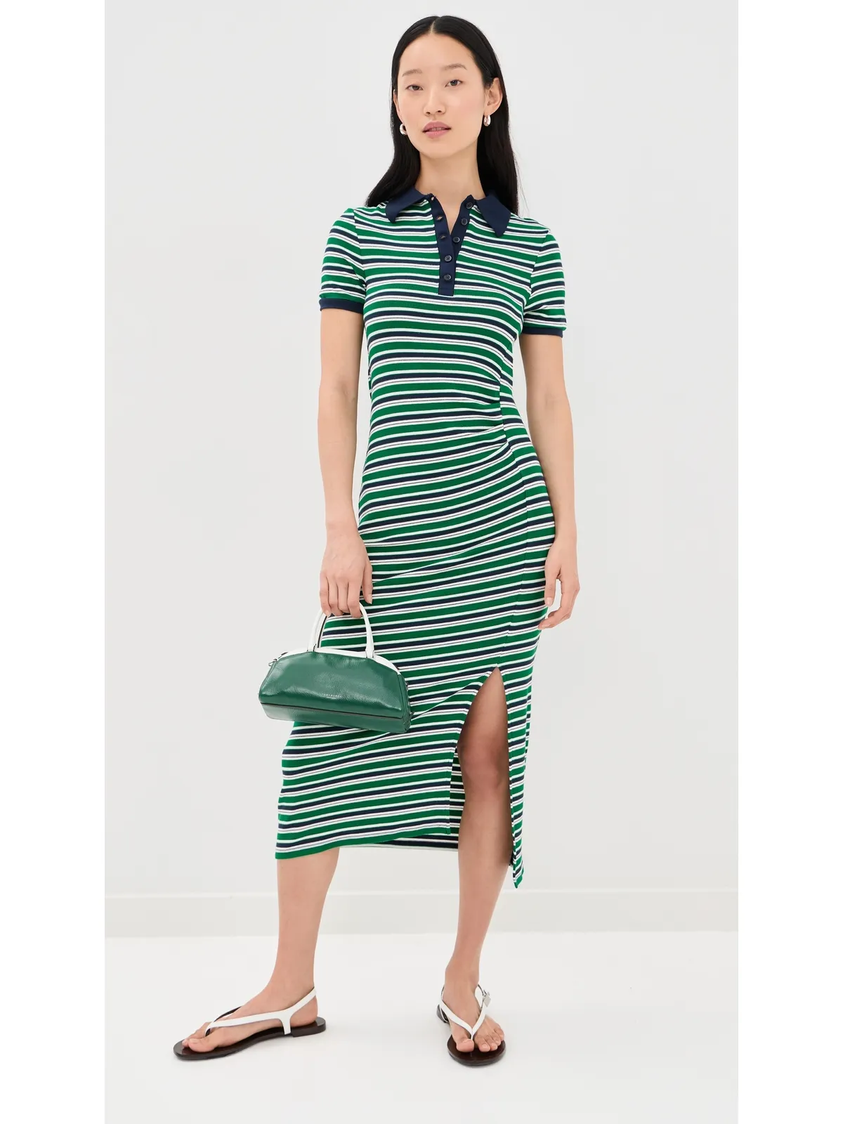 SIMKHAI Shelby Knit Polo Midi Dress ケリーグリーンストライプ - 画像5