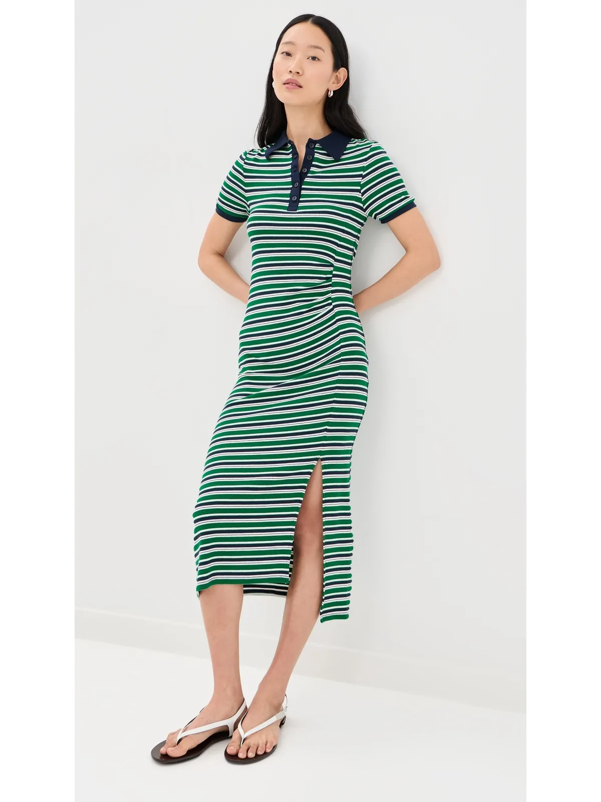 SIMKHAI Shelby Knit Polo Midi Dress ケリーグリーンストライプ - 画像2