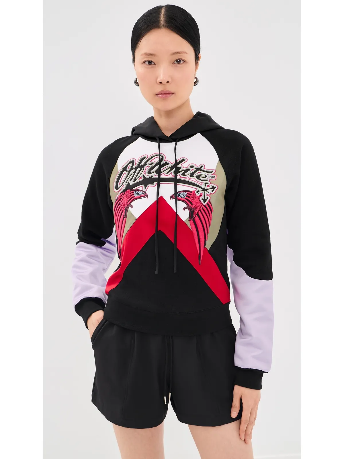 Off-White ダブルイーグル カラーブロック フーディー ブラック バルバドスチェリー - 画像2