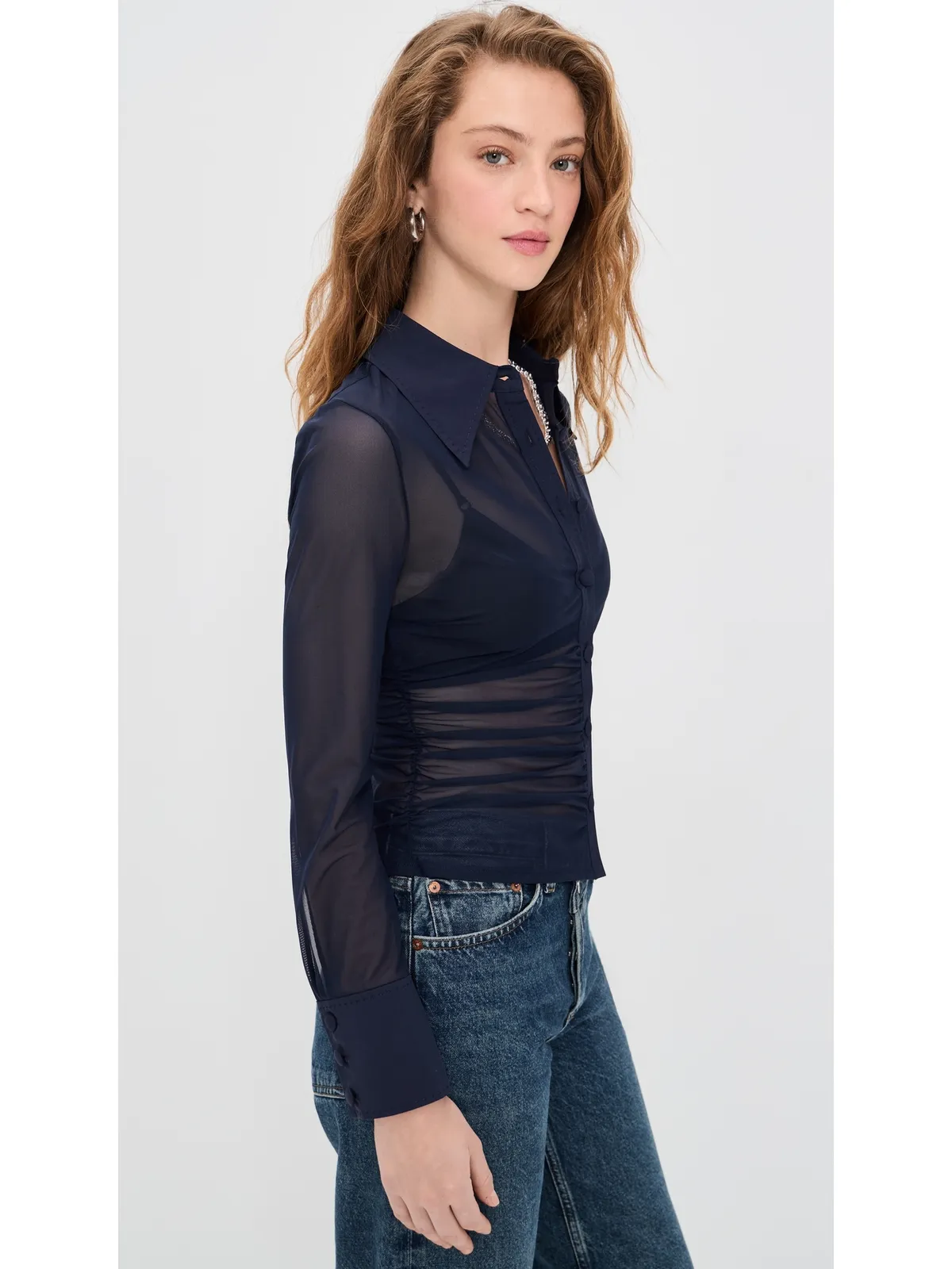 L'AGENCE Isola ロングスリーブ メッシュ ボタンダウン シャツ - 画像4