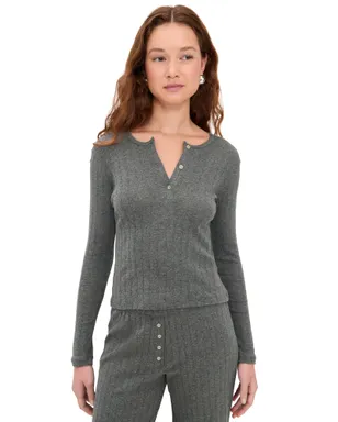 Leset Pointelle Long Sleeve Henley Tee Granite M - サムネイル1
