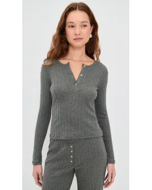 Leset Pointelle Long Sleeve Henley Tee Granite M - サムネイル2