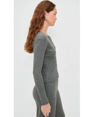 Leset Pointelle Long Sleeve Henley Tee Granite M - サムネイル4