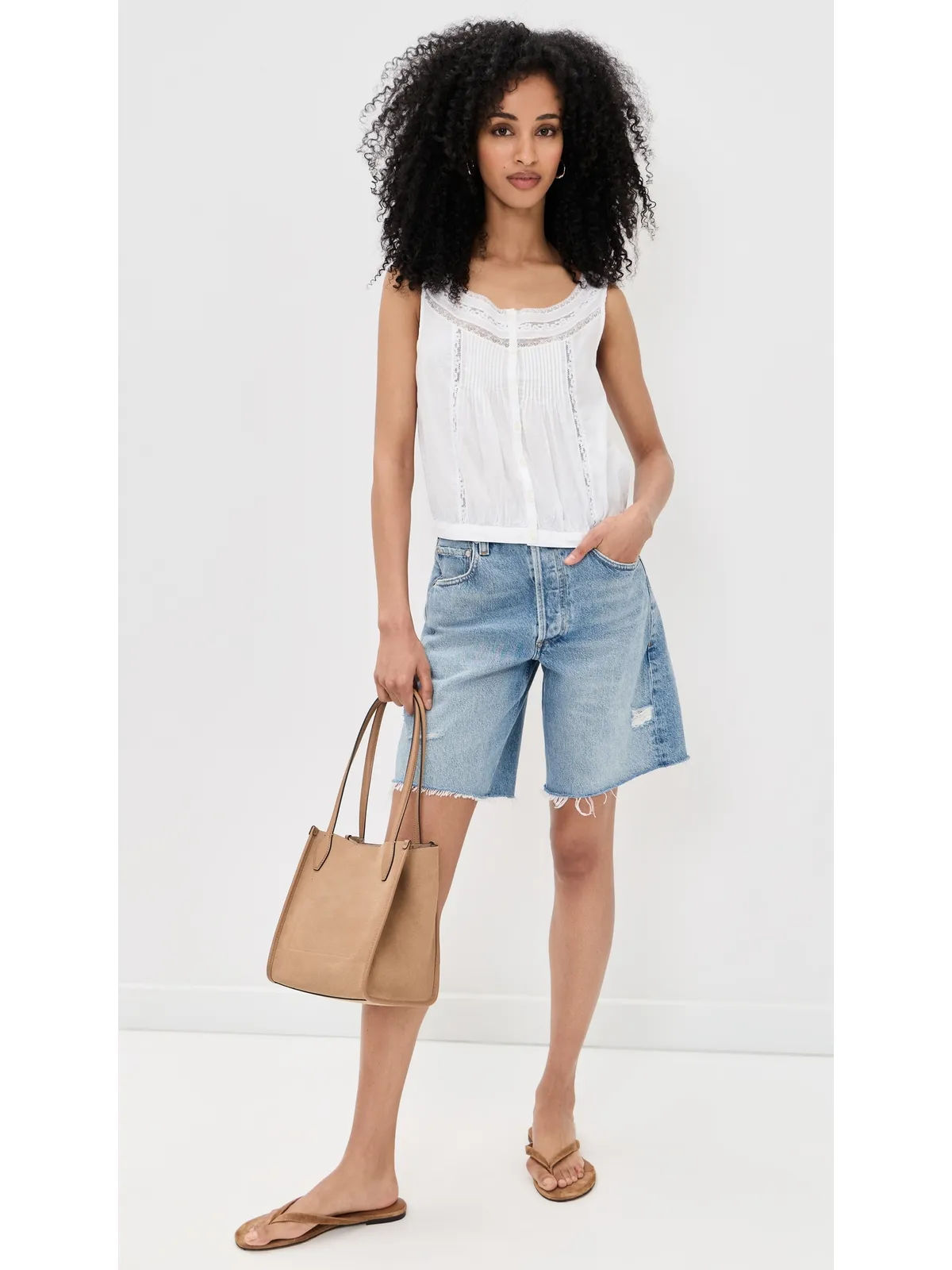 Madewell レースインサート ピンタック ノースリーブトップ（ホワイト） - 画像5
