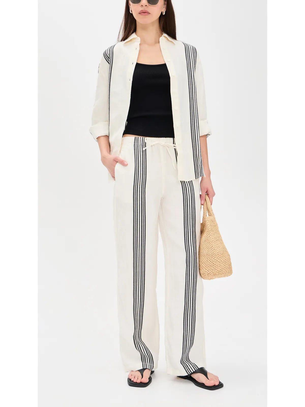 Madewell プルオンリネンパンツ ボールドプレースメントストライプ ブラック - 画像5
