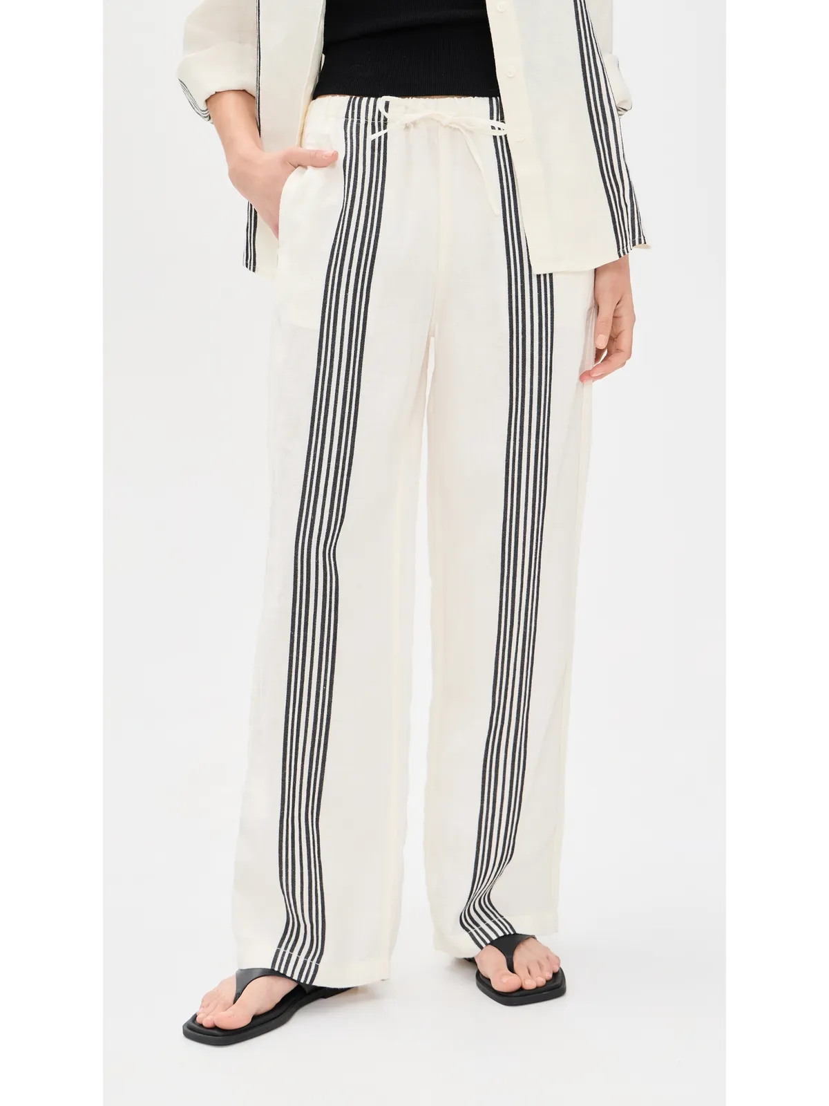Madewell プルオンリネンパンツ ボールドプレースメントストライプ ブラック - 画像2