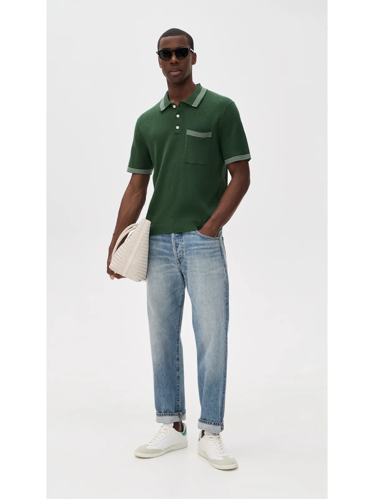 Madewell マーチストライプ 半袖ポロシャツ ボタニカルグリーン - 画像5