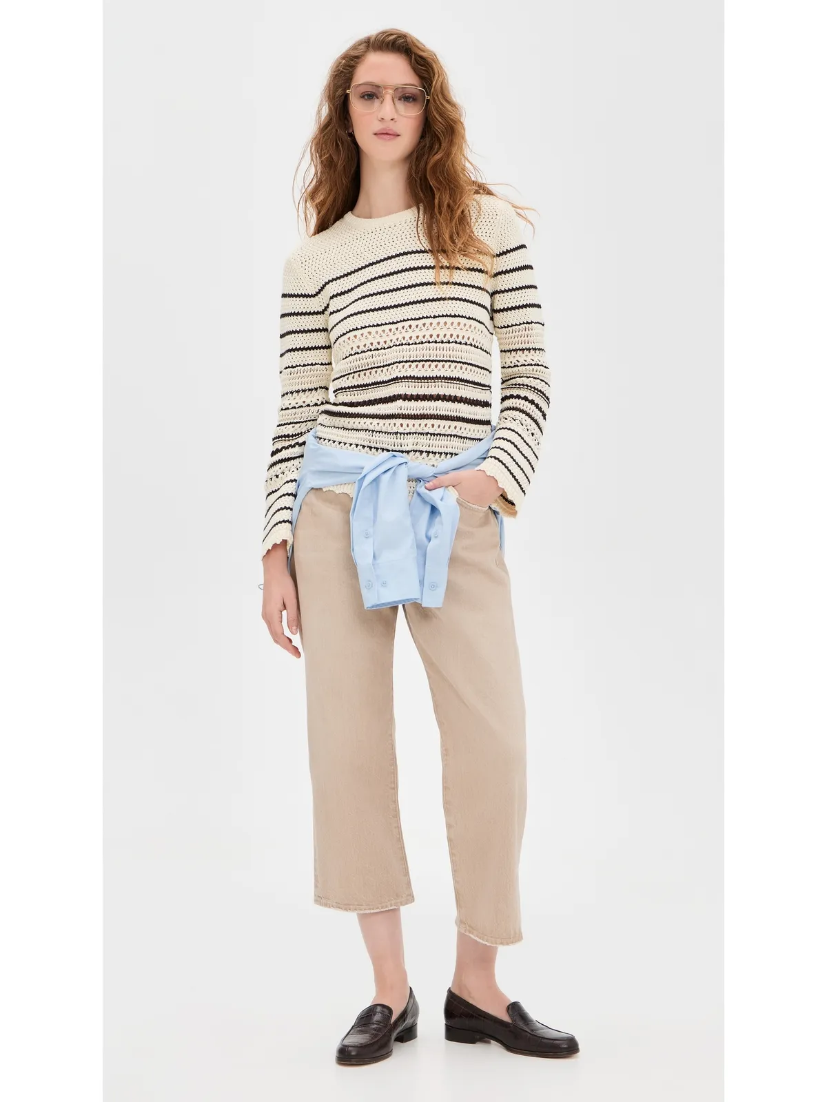 Madewell Striped Open-Stitch Sweater アイボリーとチョコレートストライプ - 画像5