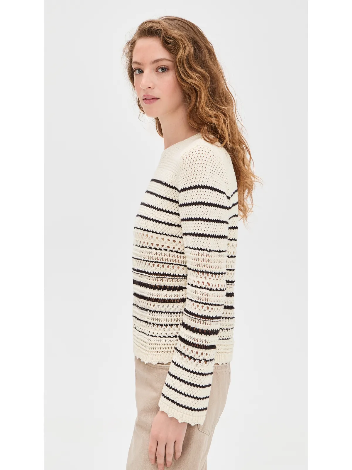 Madewell Striped Open-Stitch Sweater アイボリーとチョコレートストライプ - 画像4