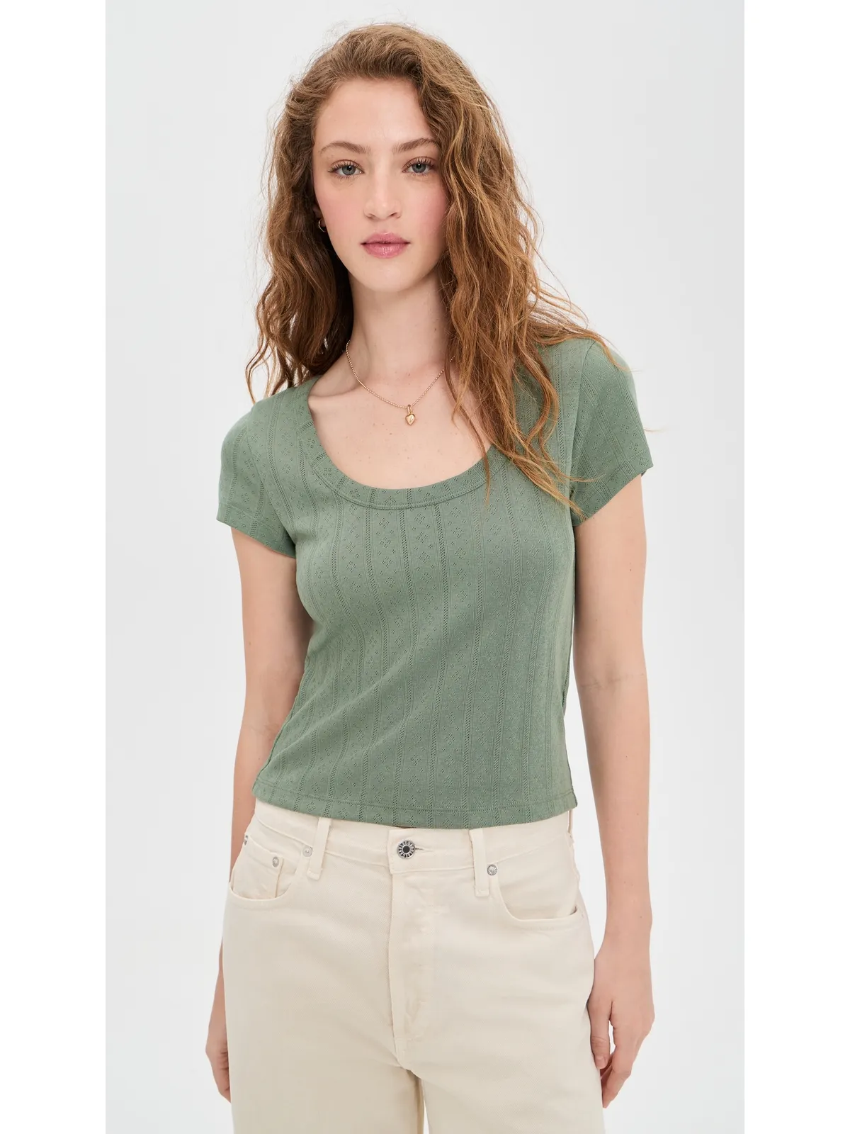 Marine Layer Lexi Pointelle Scoop Tee Olive - 画像2
