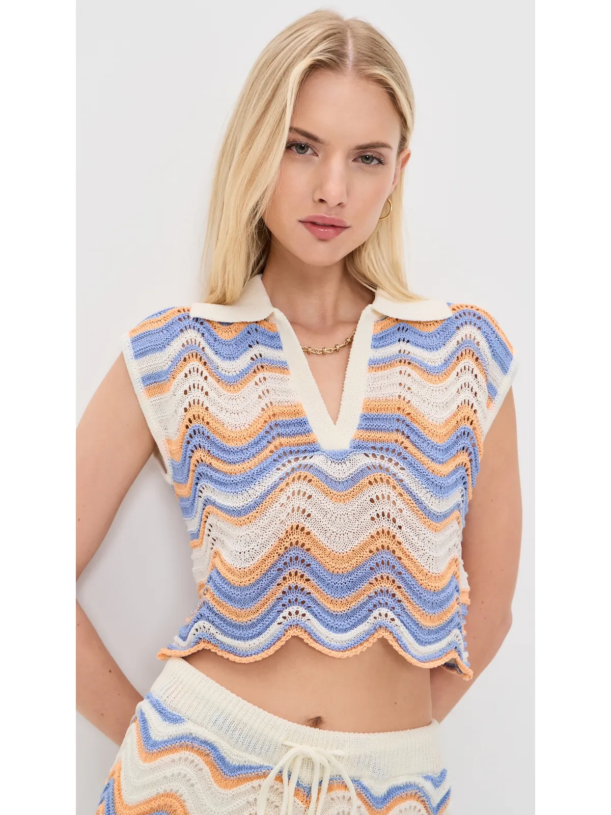 MINKPINK レオネ クロシェ編み クロップド ポロトップ Jacaranda/Peach Stripe - 画像2