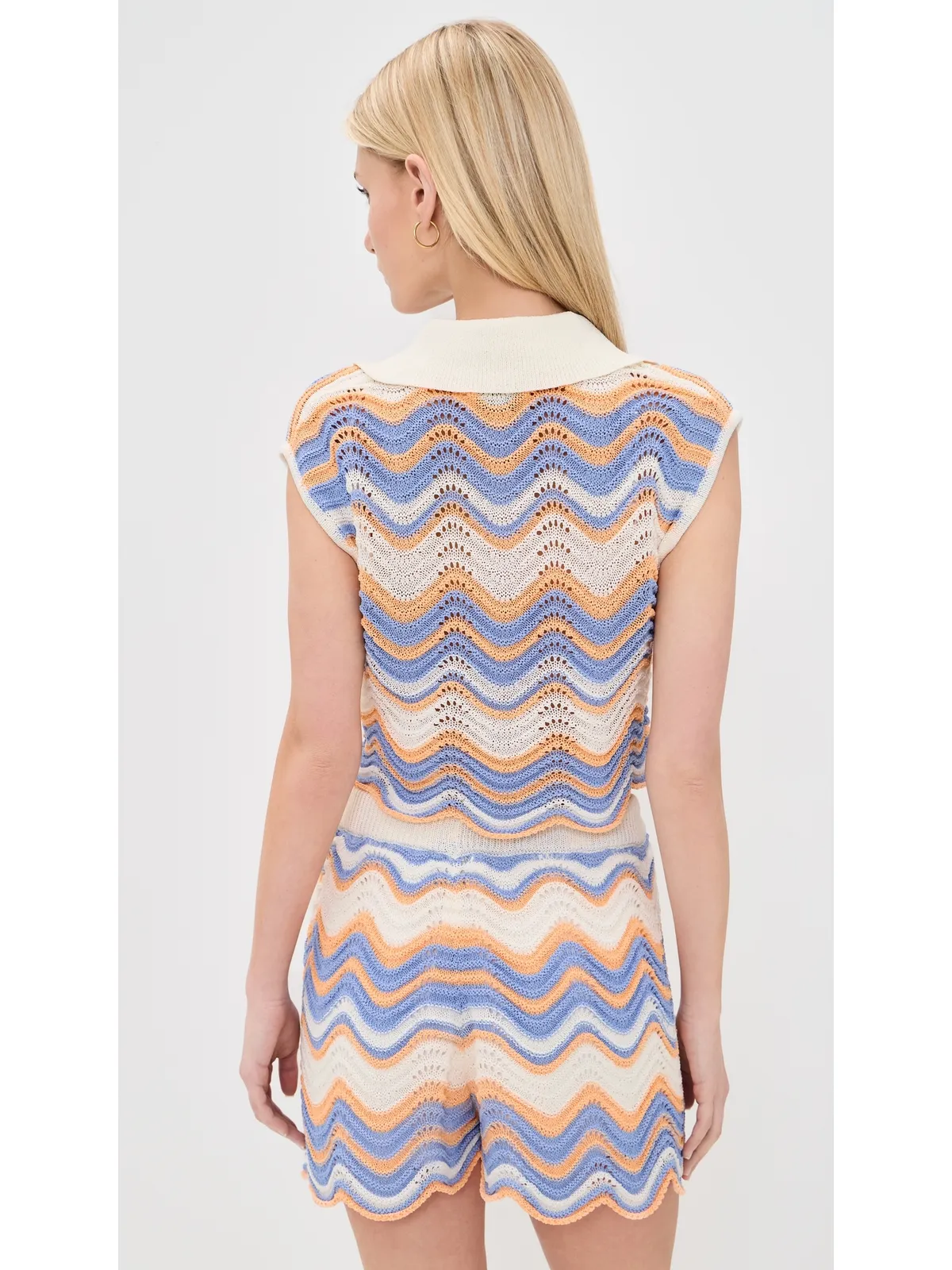 MINKPINK レオネ クロシェ編み クロップド ポロトップ Jacaranda/Peach Stripe - 画像3