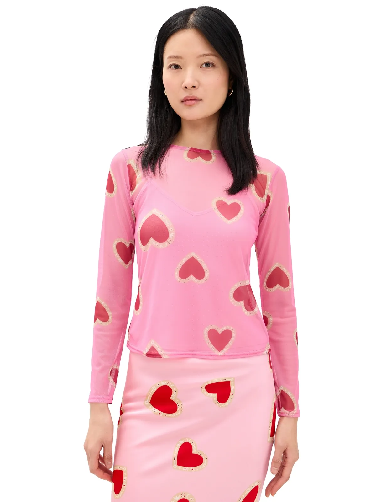 Never Fully Dressed ピンクのハート柄メッシュトップ - 画像1