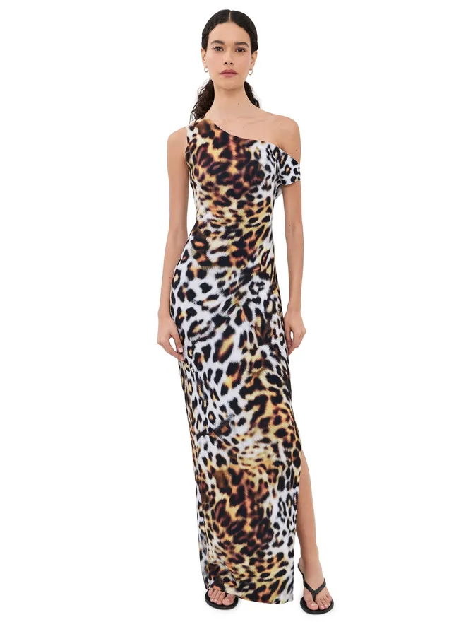 Norma Kamali Norma Kamali ドロップショルダー フィットドレス サイドスリット レオパード柄 マキシ丈の商品画像