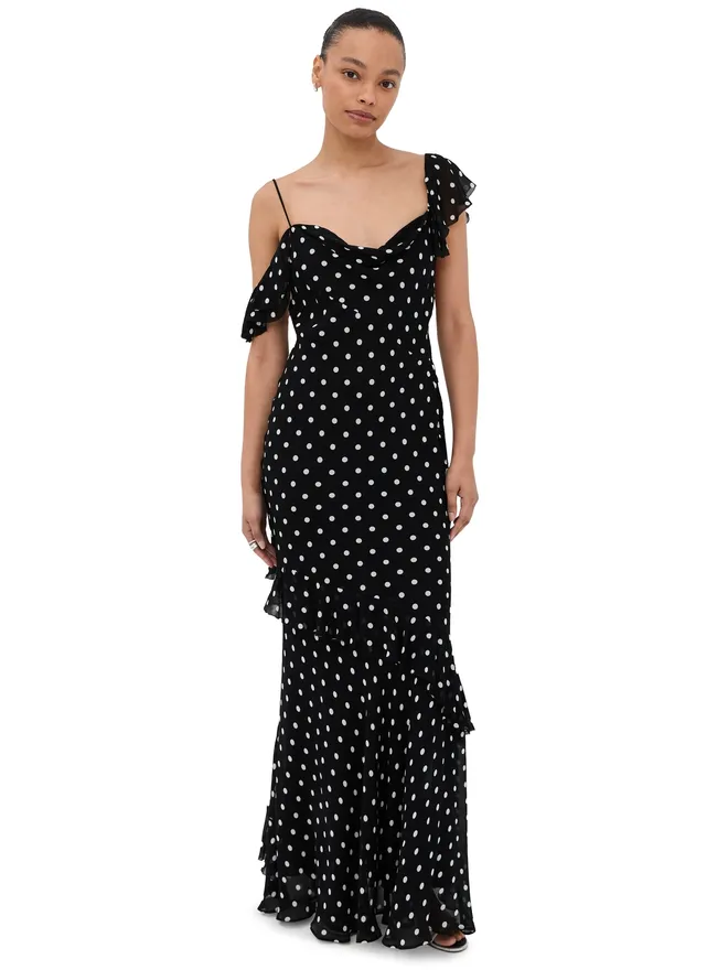 self-portrait Self Portrait ポルカドット Georgette ラッフル ドレス ブラックの商品画像