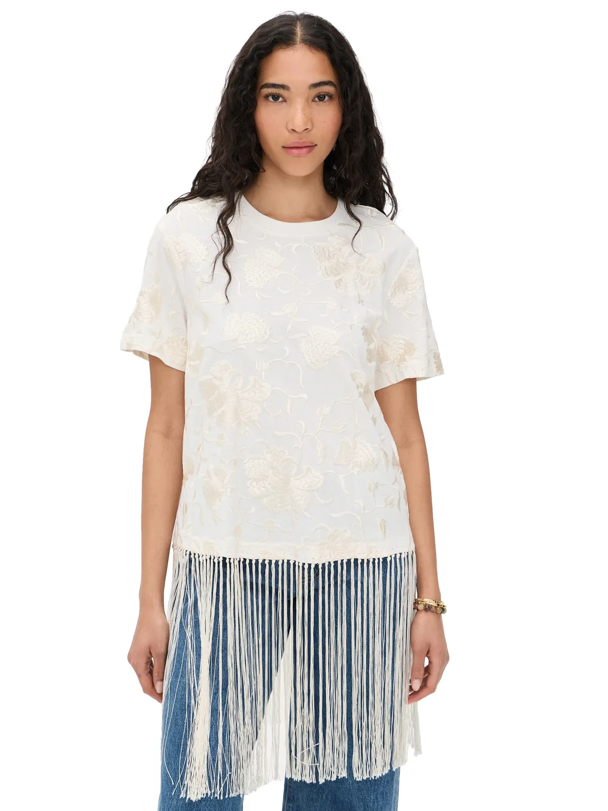 Sea Rafina Eyelet Embellished T-Shirt with Fringe White - 画像1