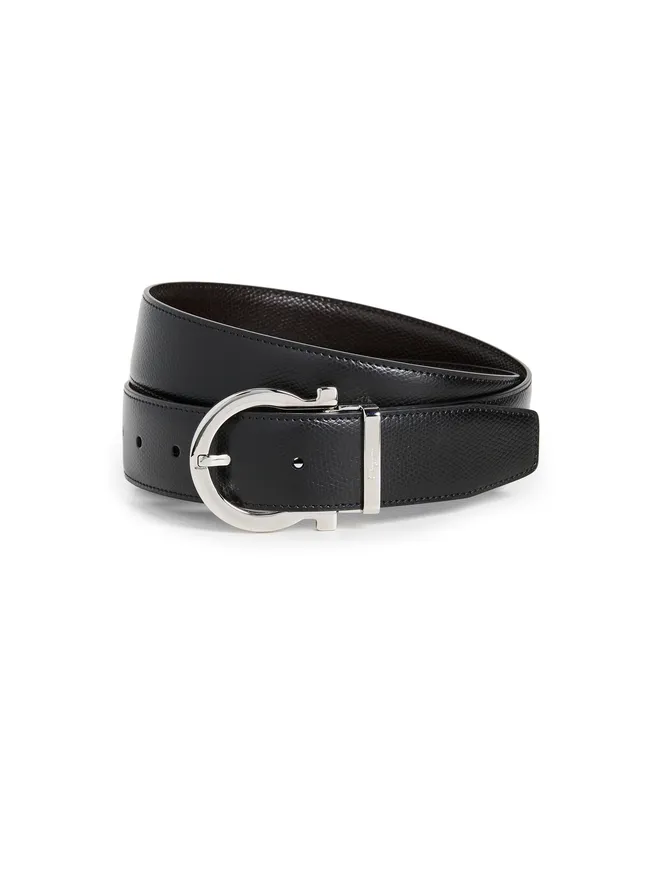 FERRAGAMO FERRAGAMO シングル ガンチーニ リバーシブル ベルト ブラック/ヒッコリー 38の商品画像