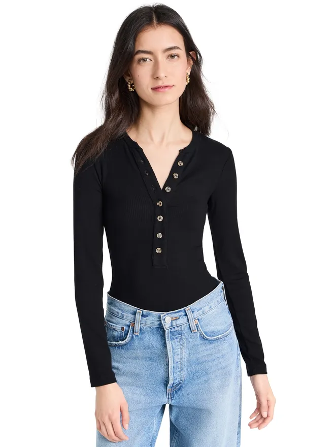 Ambitionist Ambitionist ボディスーツ（リブ編み ヘンリーボタン付き・ブラック）の商品画像