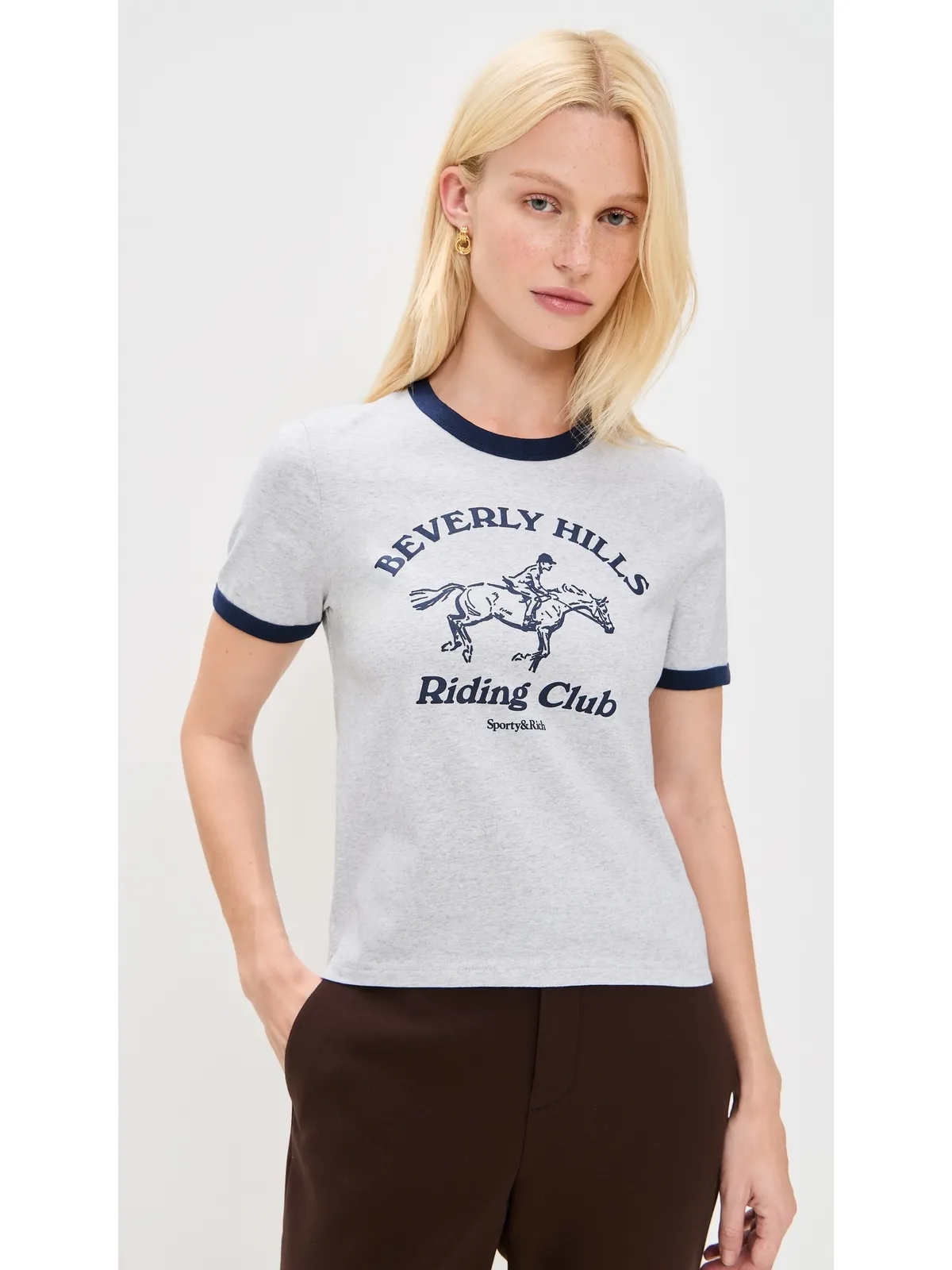 Sporty & Rich RH Riding Club Ringer Tee Heather Grey/Dark Navy - 画像2