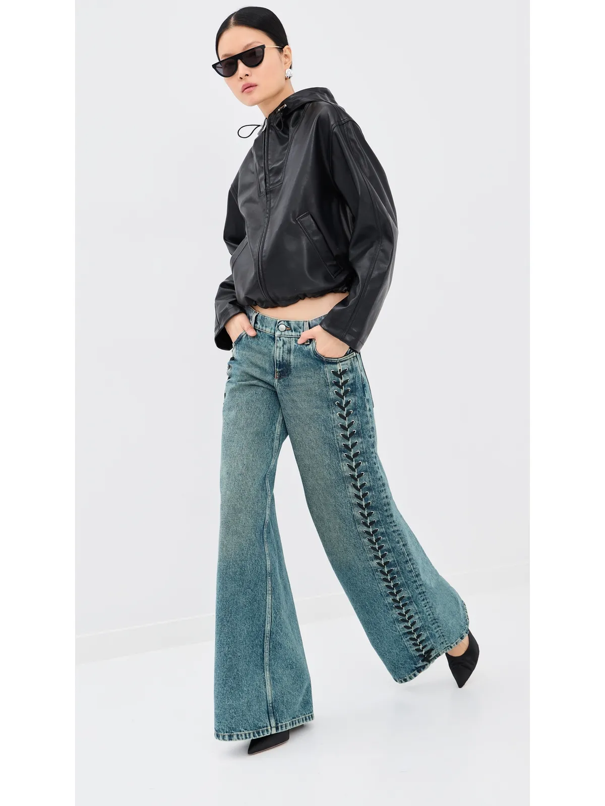 ビンテージ Stella McCartney レースアップデニムワイドレッグジーンズ ミッドブルー - 画像2