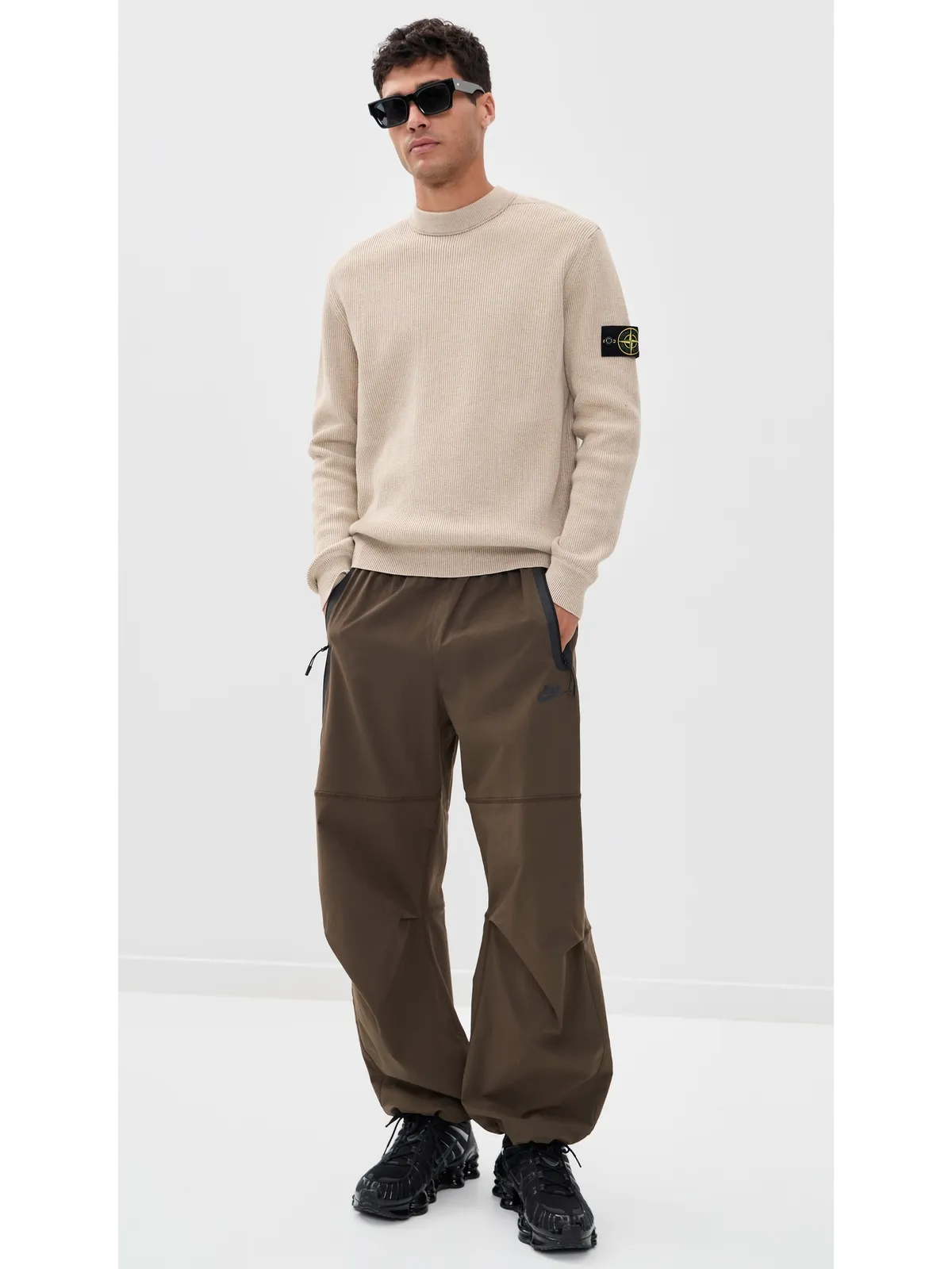 Stone Island リブ編みコットン クルーネックセーター Deserto メランジ - 画像5