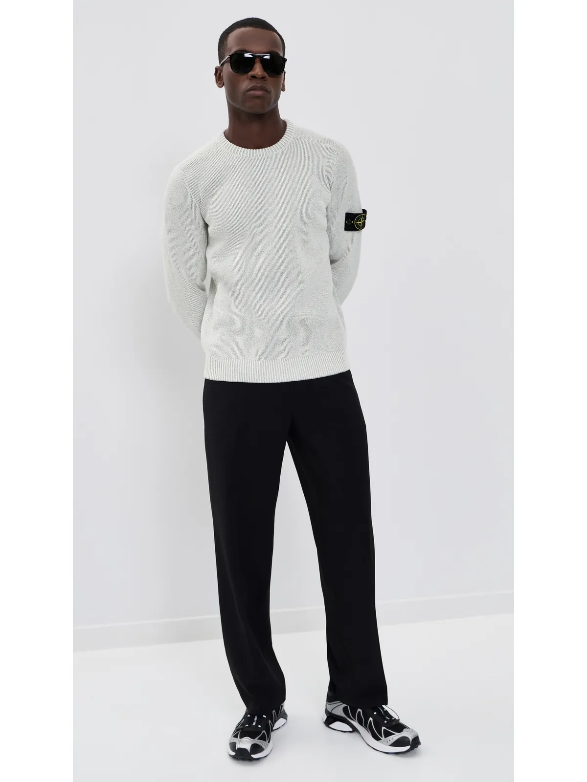 Stone Island コットン ブークレ セーター リブ編み メランジパールグレー - 画像5