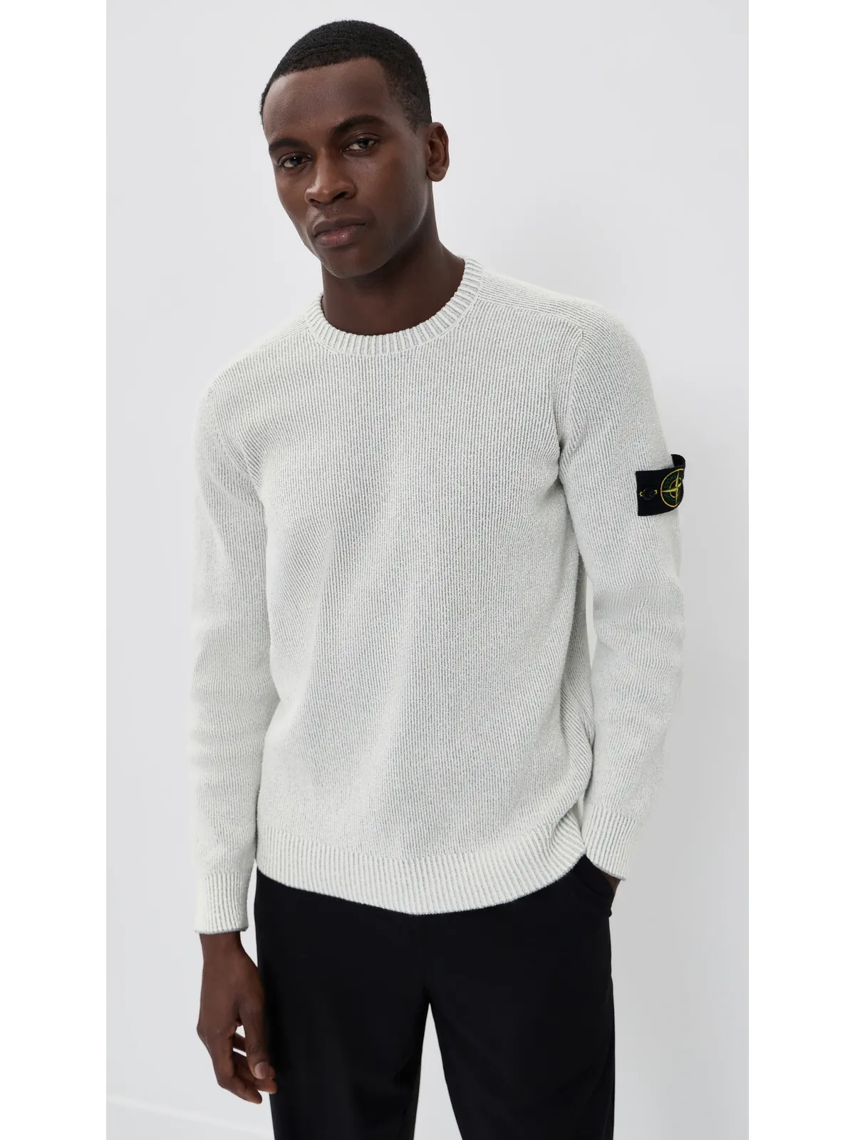 Stone Island コットン ブークレ セーター リブ編み メランジパールグレー - 画像2