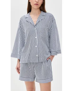 Petite Plume Pima Olivia Short Pajama Set White/Navy Stripe - サムネイル2