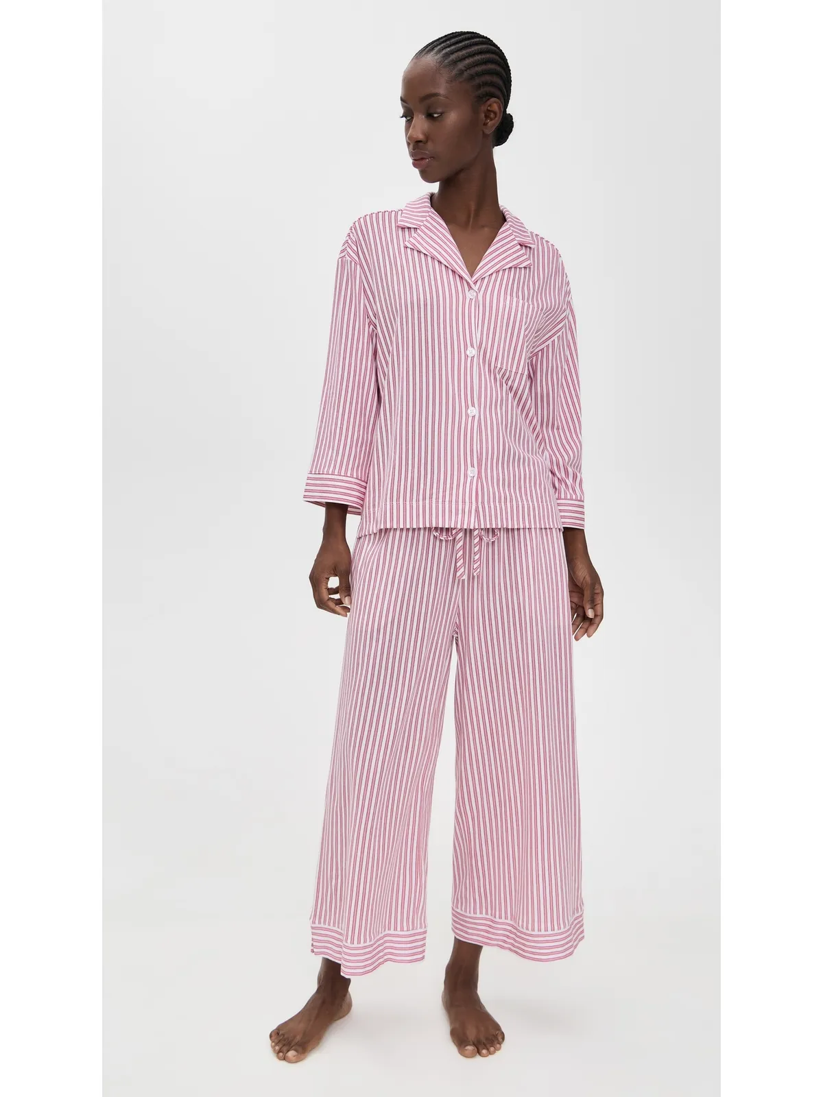 Petite Plume Luxe ピマ アンティーク ティッキング ワイドレッグ パジャマセット アンティークレッド - 画像2