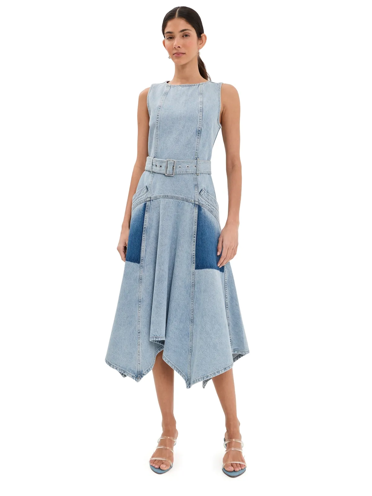 3.1 Phillip Lim ゴーストパッチ ノースリーブ ベルト付き デニムドレス ライトブルー - 画像1