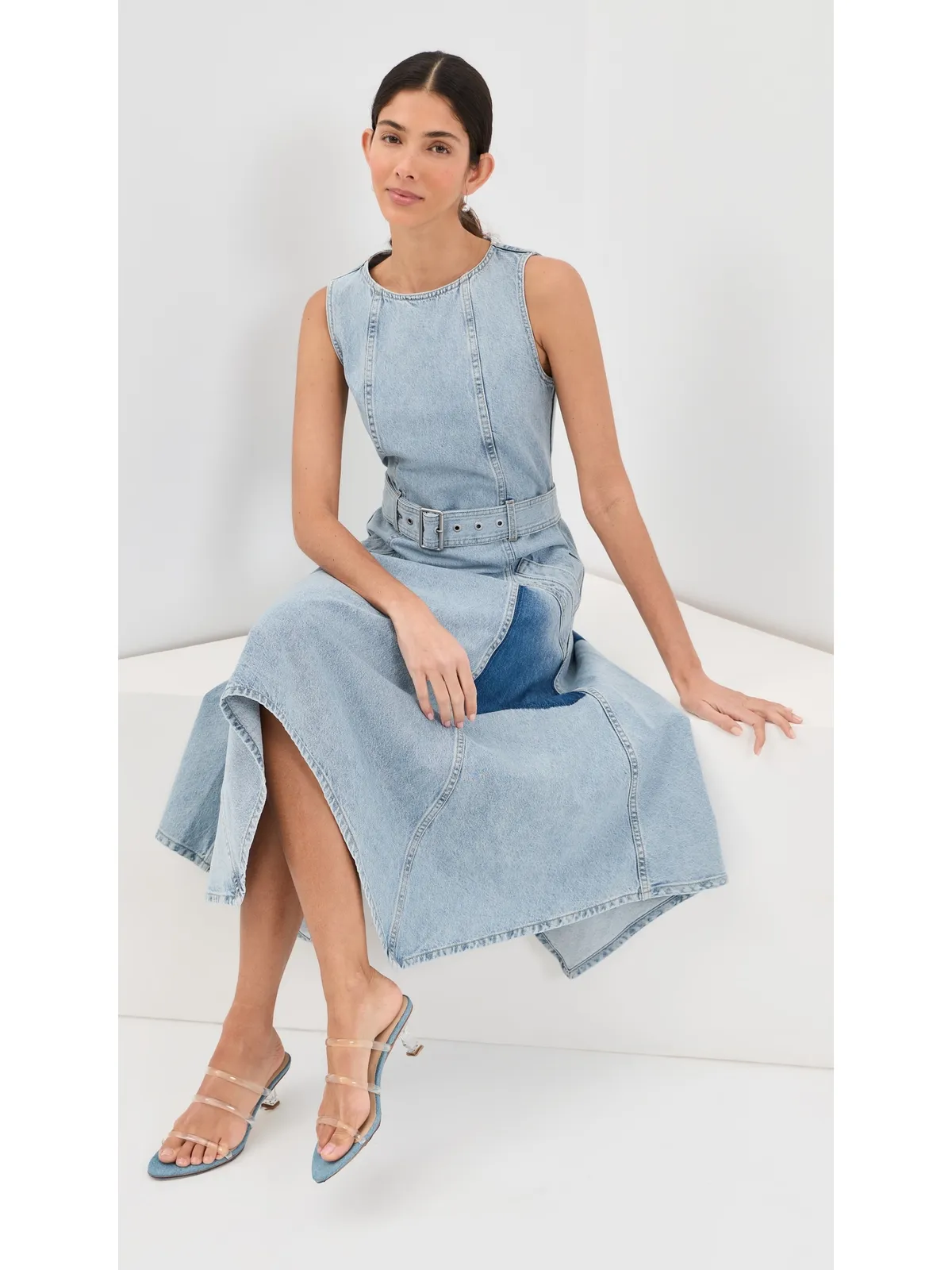 3.1 Phillip Lim ゴーストパッチ ノースリーブ ベルト付き デニムドレス ライトブルー - 画像2