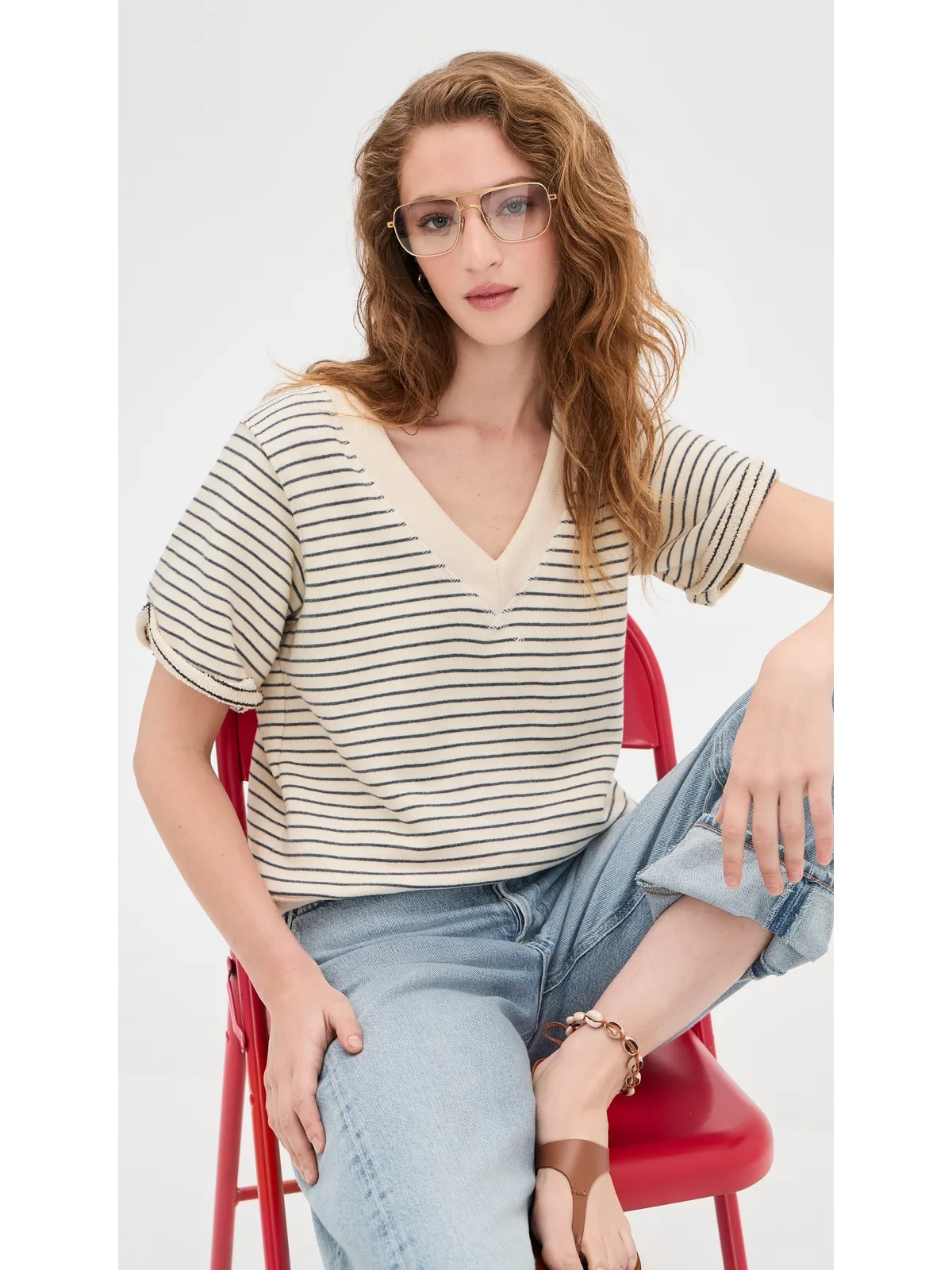 perfectwhitetee フレンチテリー ストライプ Vネック 半袖スウェット - 画像2