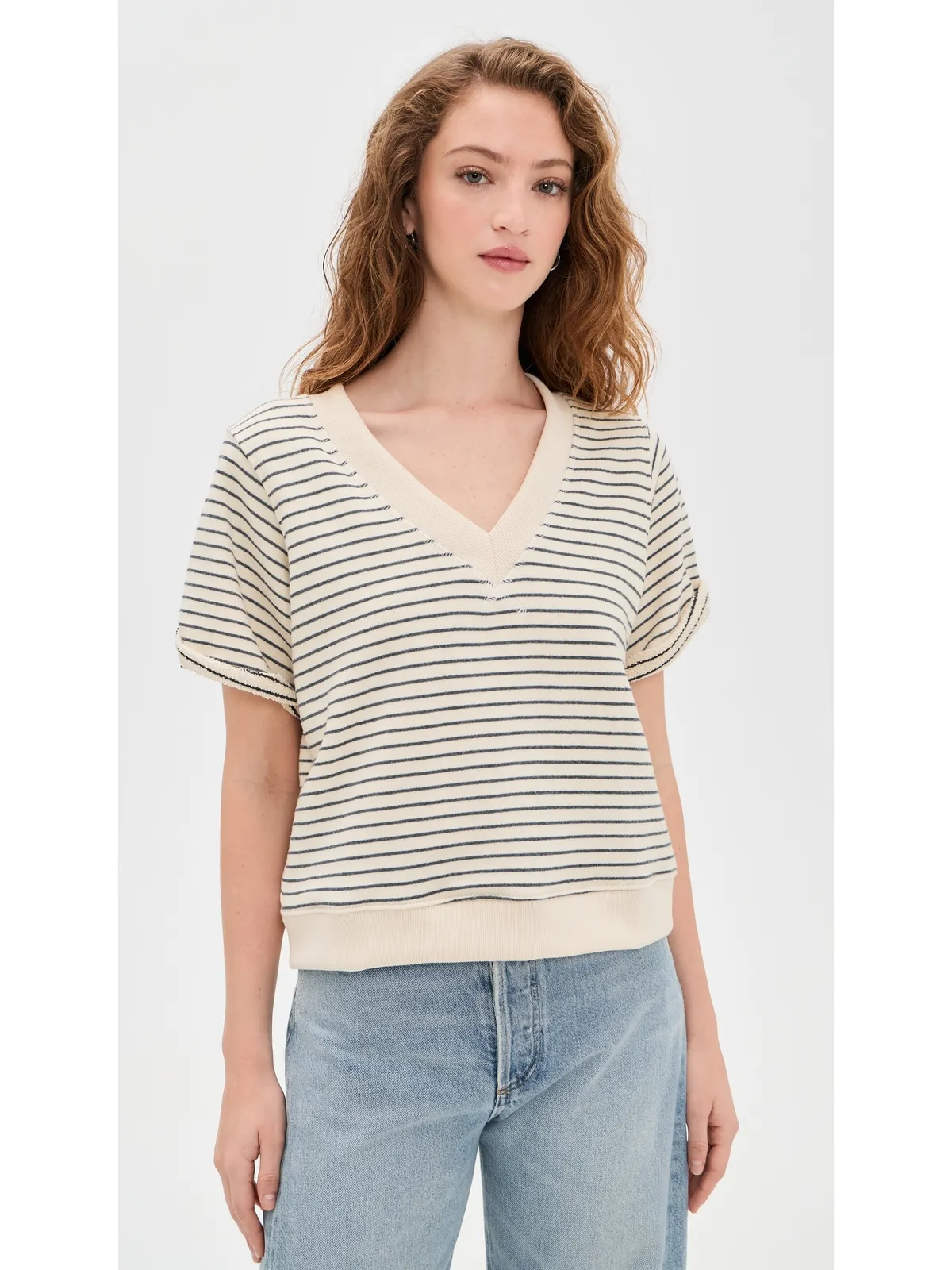 perfectwhitetee フレンチテリー ストライプ Vネック 半袖スウェット - 画像3