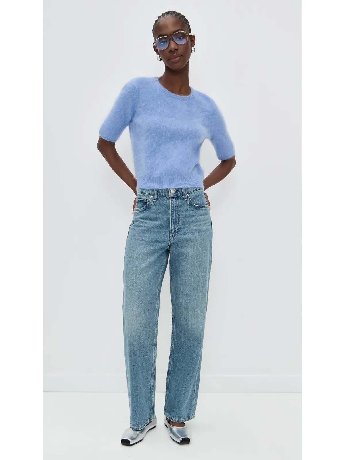 rag & bone Jada 起毛カシミヤ 半袖 クルーネック プルオーバー ライトブルー - 画像5