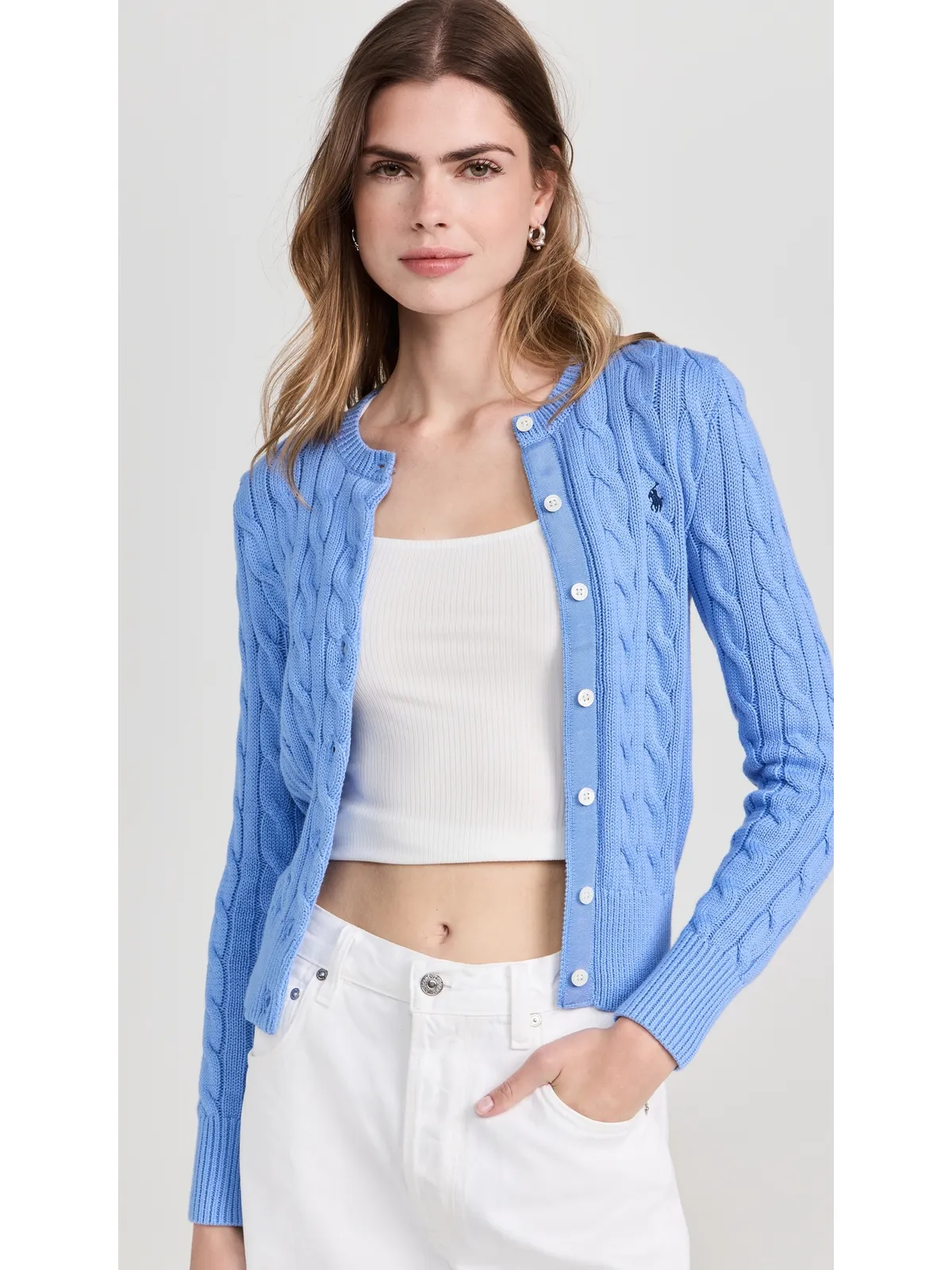 Polo Ralph Lauren コットン ケーブル ロングスリーブ カーディガン 新品 リッチフィールド ブルー M - 画像2