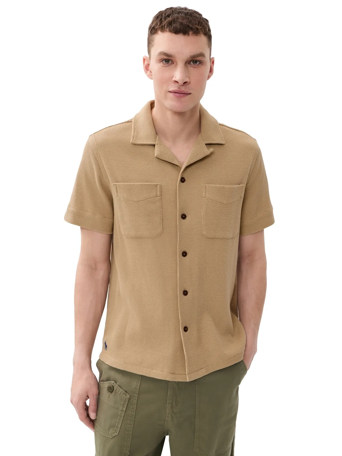 Polo Ralph Lauren コットンリネン ワッフルニット アンディ・キャンプシャツ コースタルベージュ - 画像1