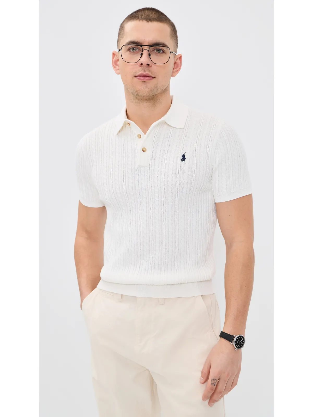 Polo Ralph Lauren ショートスリーブ 軽量ケーブルニット セーター デックウォッシュ ホワイト ネイビーPP付き - 画像2