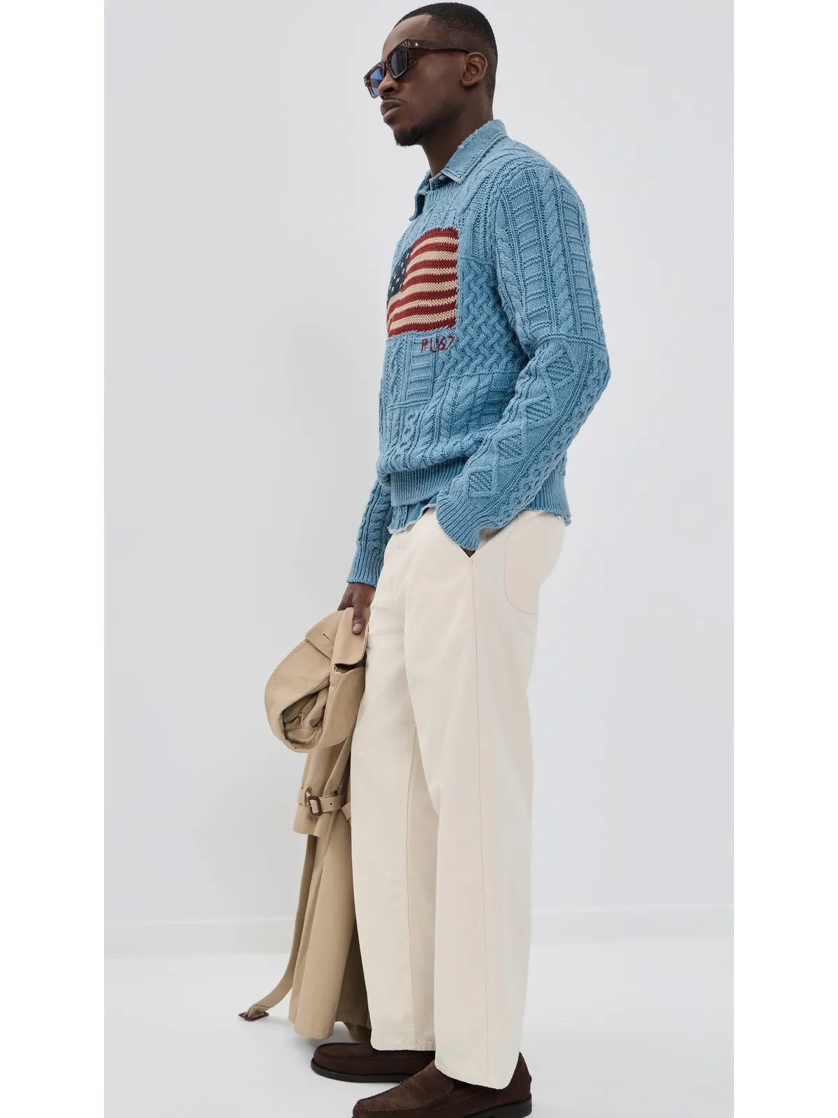 Polo Ralph Lauren インターシャ ノベルティ フラグ RL 67 クルーネック セーター ライトブルー コンボ - 画像5