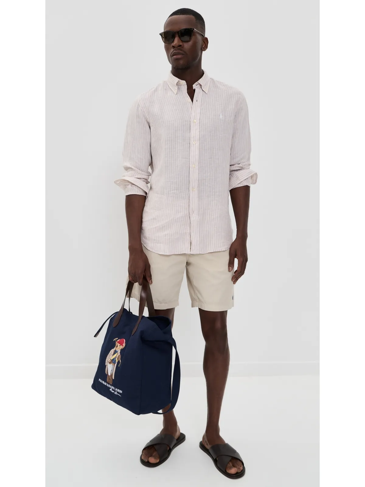 Polo Ralph Lauren ストライプ柄リネン ボタンダウンシャツ コースタルベージュ/ホワイト M - 画像5
