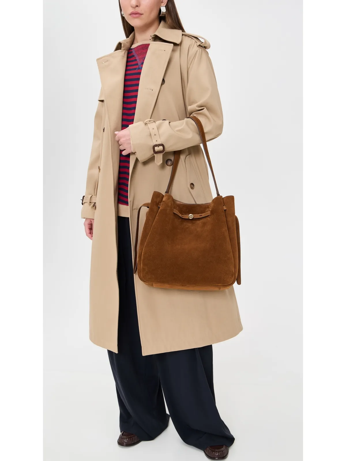Tory Burch ロミー スエード ラージ バケットバッグ キャラメル ワンサイズ - 画像3