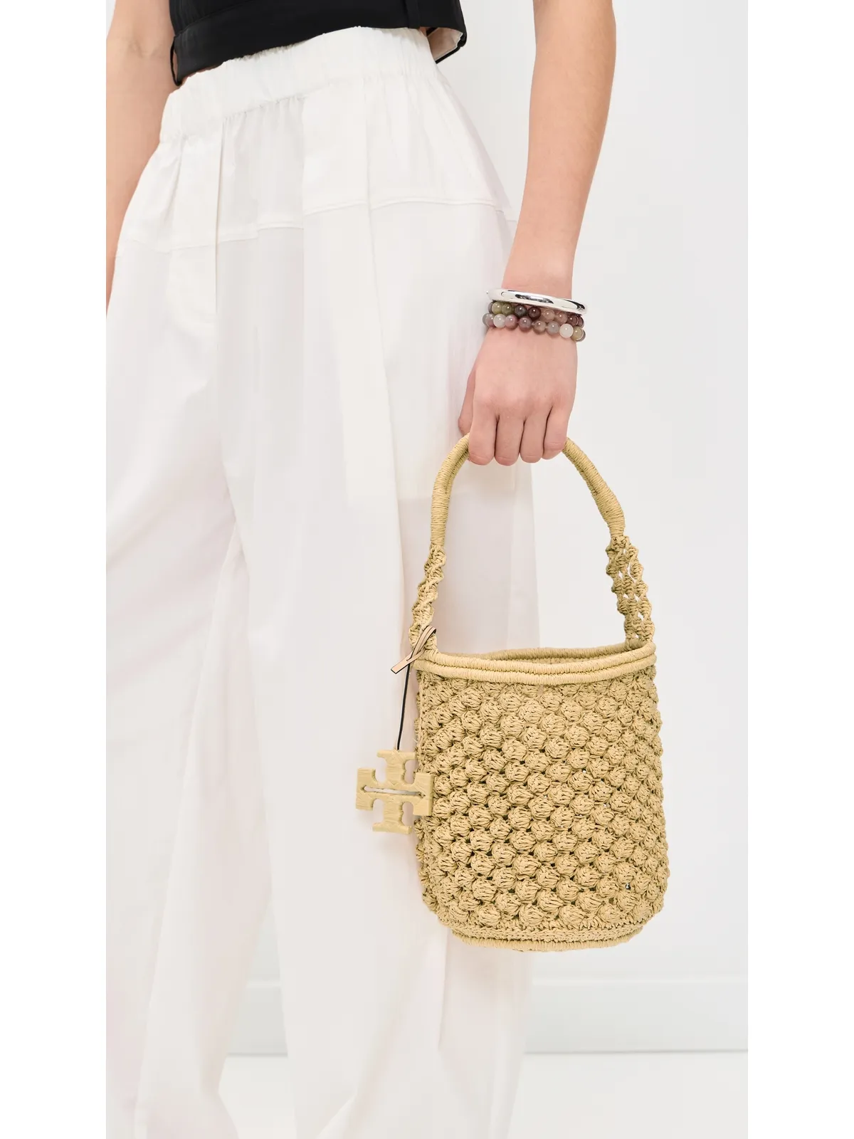 Tory Burch エラ ハンドクロシェ ポップコーンステッチ バケットバッグ ナチュラル ワンサイズ - 画像3