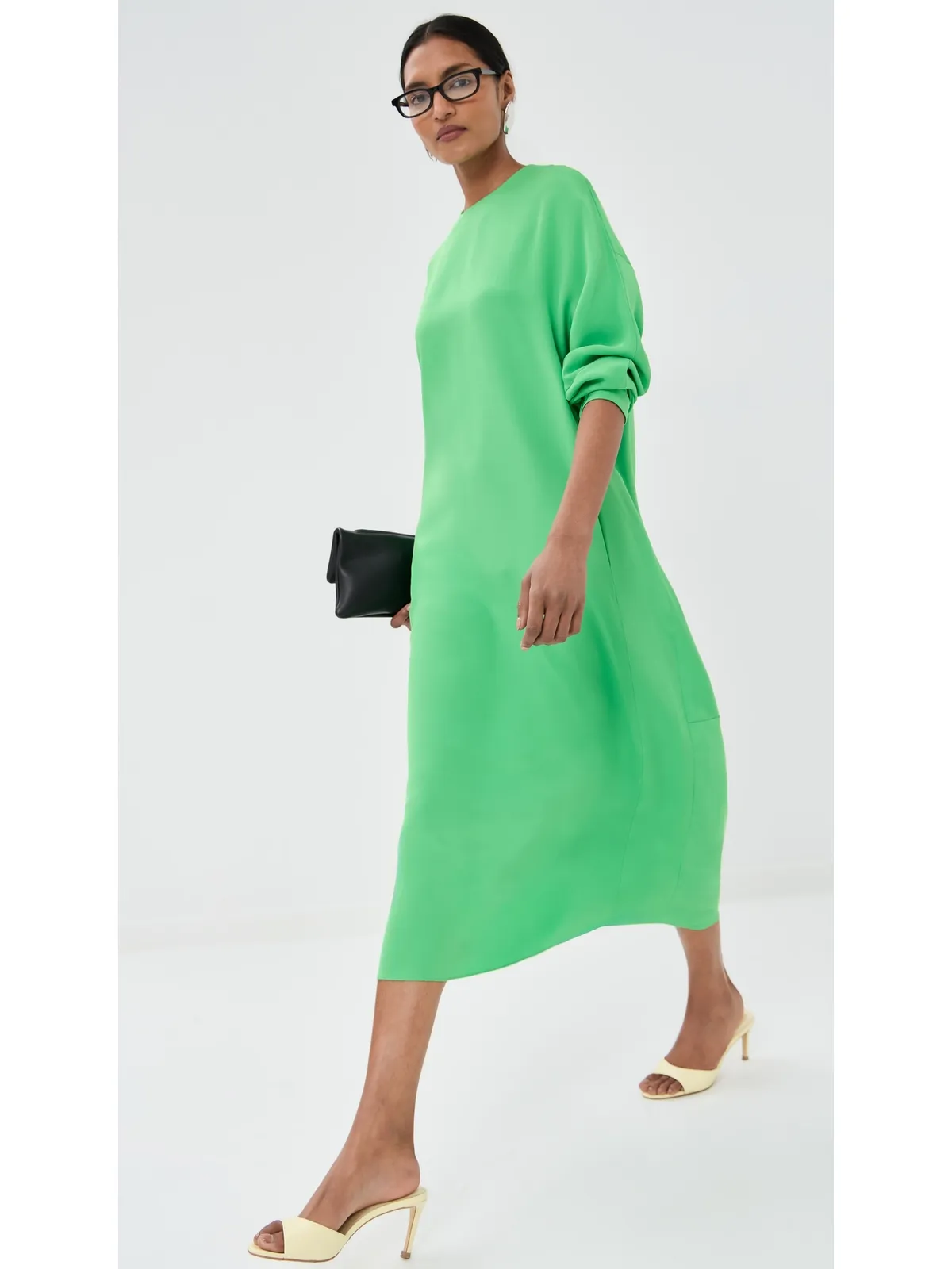 Tibi 4プライ シルク ロングスリーブ コクーンドレス グリーン - 画像5
