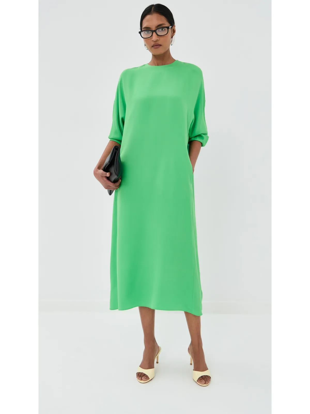 Tibi 4プライ シルク ロングスリーブ コクーンドレス グリーン - 画像2