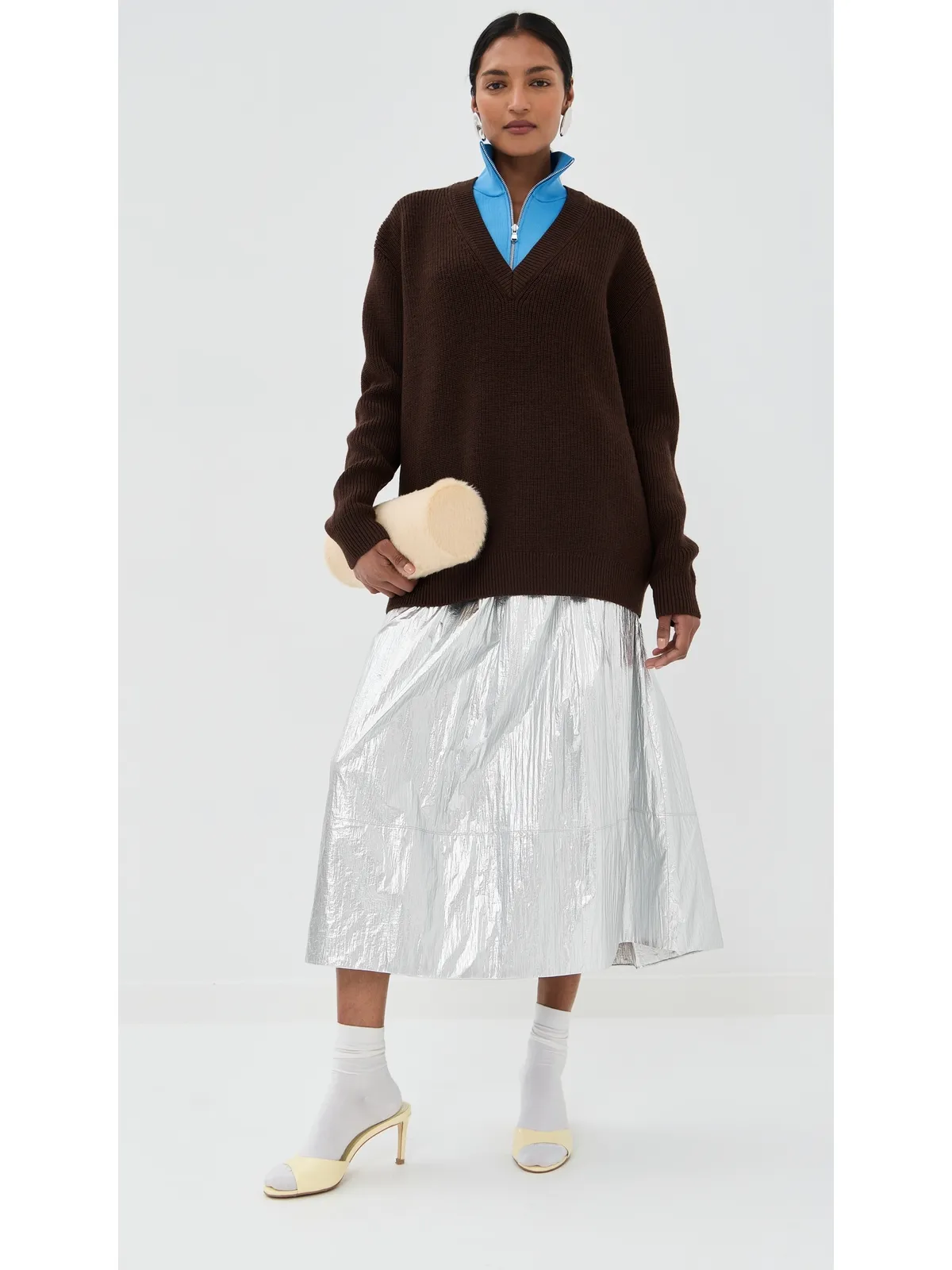 Tibi シルバーメタリック ナイロン プルオン フルスカート - 画像5