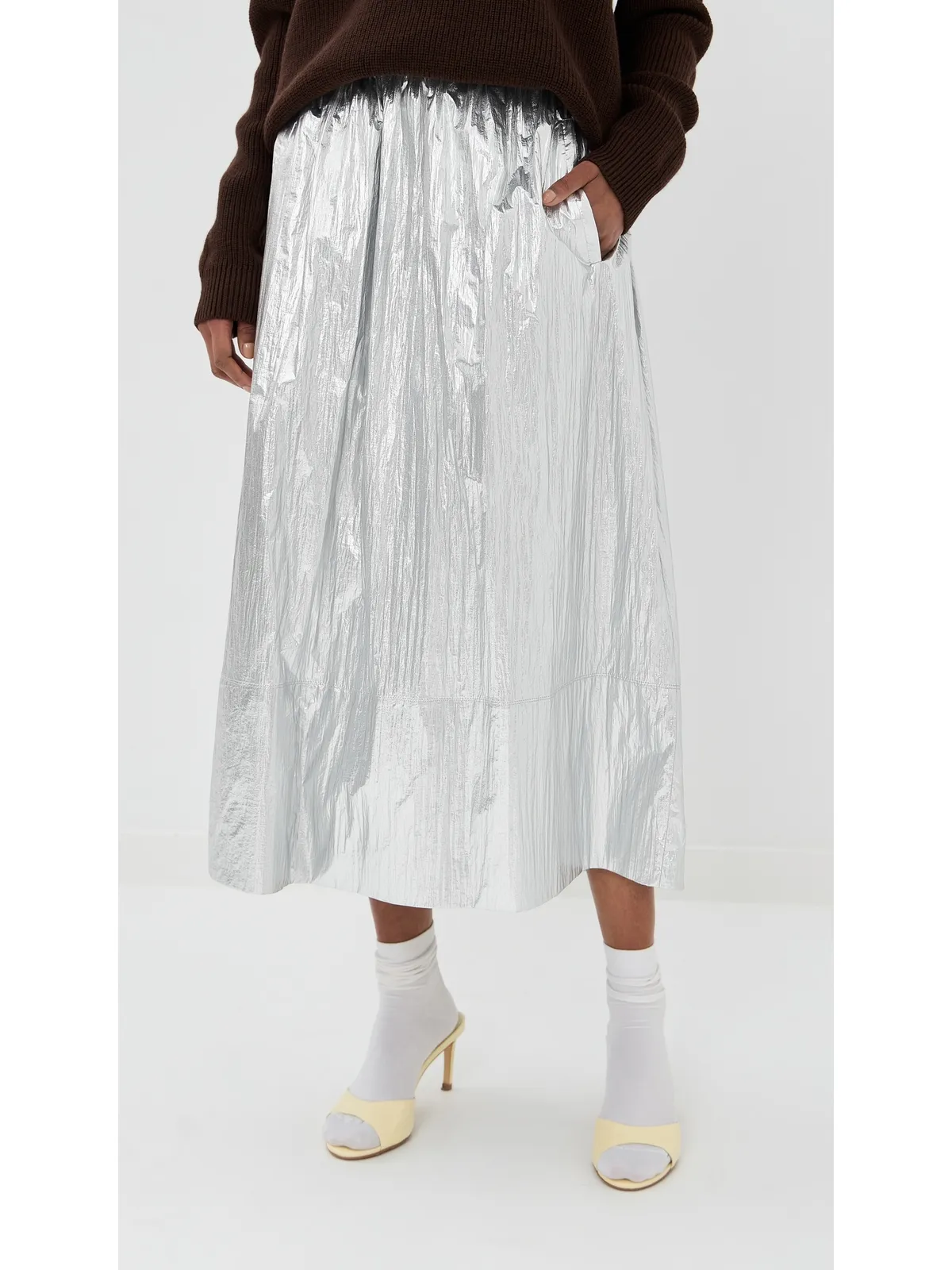 Tibi シルバーメタリック ナイロン プルオン フルスカート - 画像2
