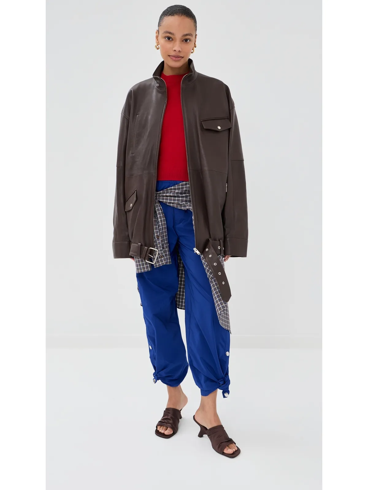 Tibi レザー モトボンバー ジャケット ブラウン - 画像5