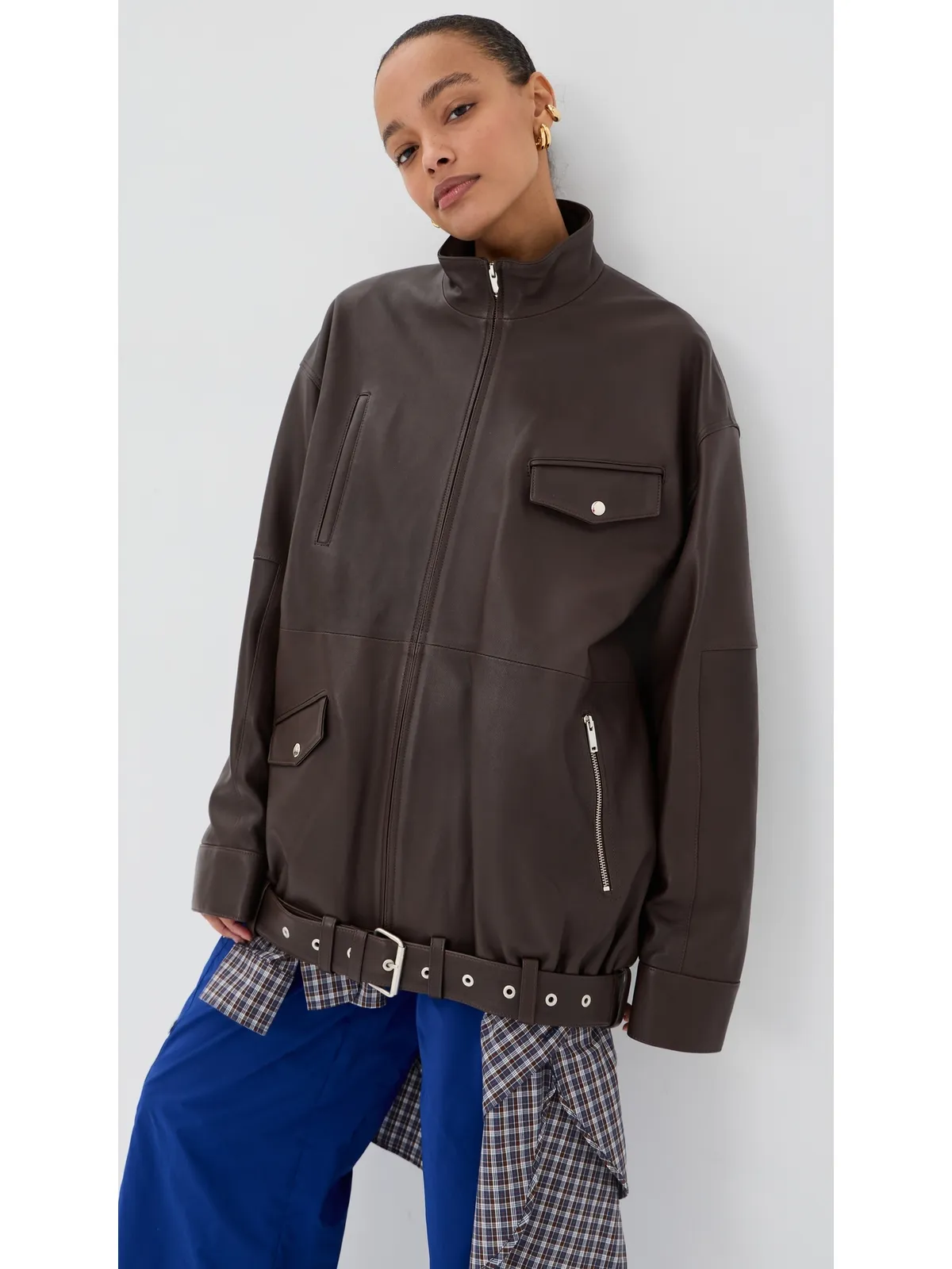 Tibi レザー モトボンバー ジャケット ブラウン - 画像2