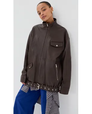 Tibi レザー モトボンバー ジャケット ブラウン - サムネイル2