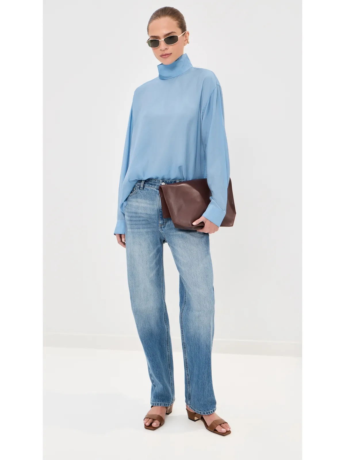Tibi ウルトラライト・シルクテンセル フォンネルネック シャツ ブルー - 画像6